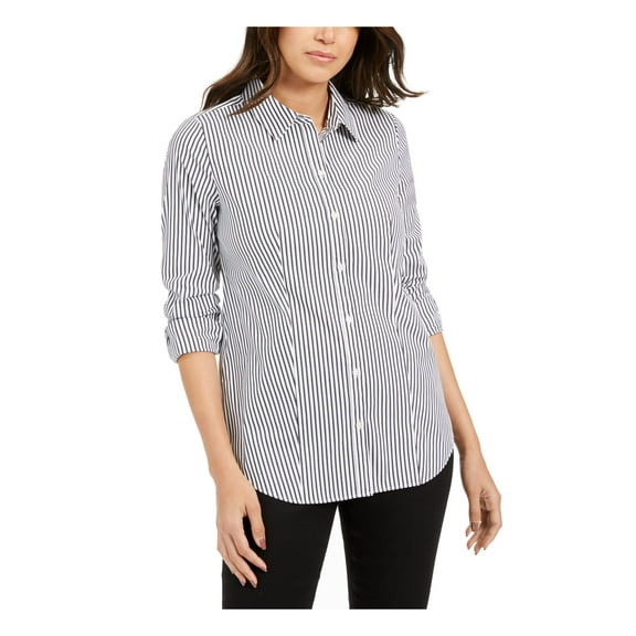 CHARTER CLUB Womens White Striped Cuffed Collared Button Up Top Size: 12
