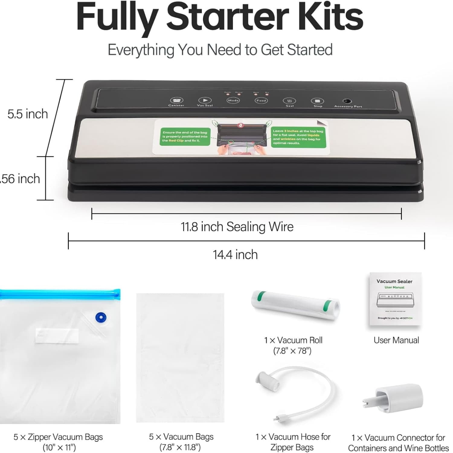 Vacuum Sealer Machine - Automatic Food For Dry & Moist  Compact With Led Touch Panel Includes Zipper Bags Roll Sous Vide Freezer Storage (silver)