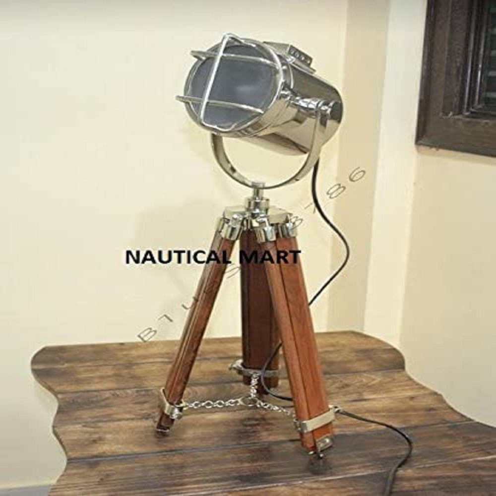 LED Nautical Searchlight Table Lamp 67cm Black Tripod Legs Marine Theme Vintage 
