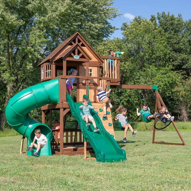 Backyard Discovery Skyfort With Tube Slide Swing Set Walmart Com Walmart Com