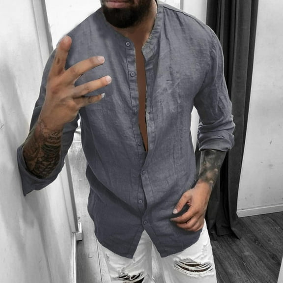 KIHOUT Men's Casual Solid Color Long Sleeve Tops Clearance Cotton Linen Stand Collar Button Long Sleeve Shirt Blouse