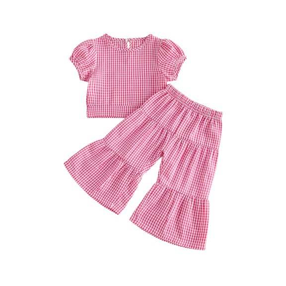 BemeyourBBs Toddler Baby Girl Summer Clothes 6 12 18 24 Months 2 3 4 Years Baby Girl Summer 2 Piece Outfit Puff Short Sleeve Plaid Gingham Print Shirt Tops and Elastic Waist Flare Pants Set