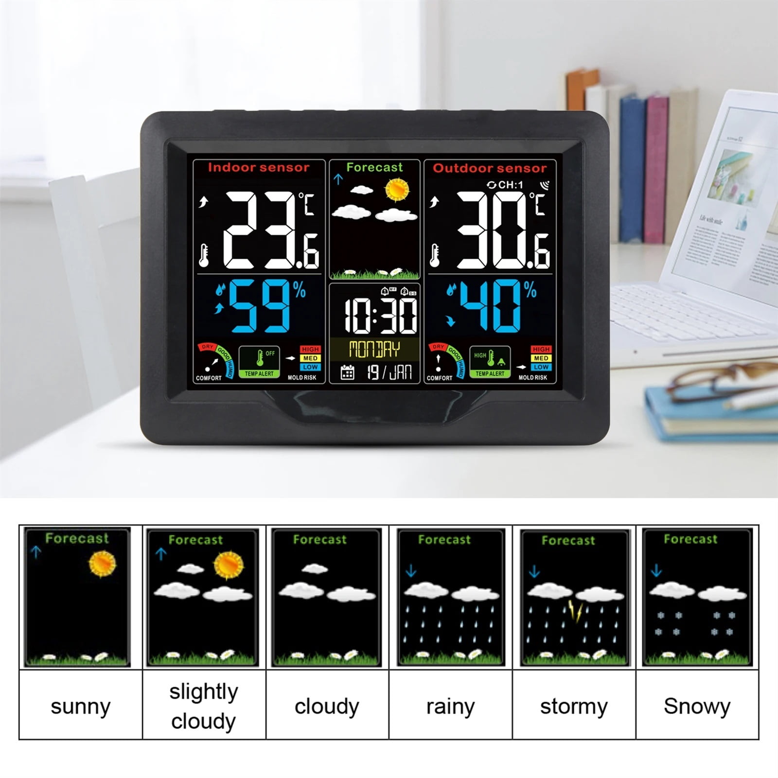 Digital Weather Station Clock Indoor Outdoor Temperature and Humidity Meter Weather Forecast Wireless Electronic Table Clock