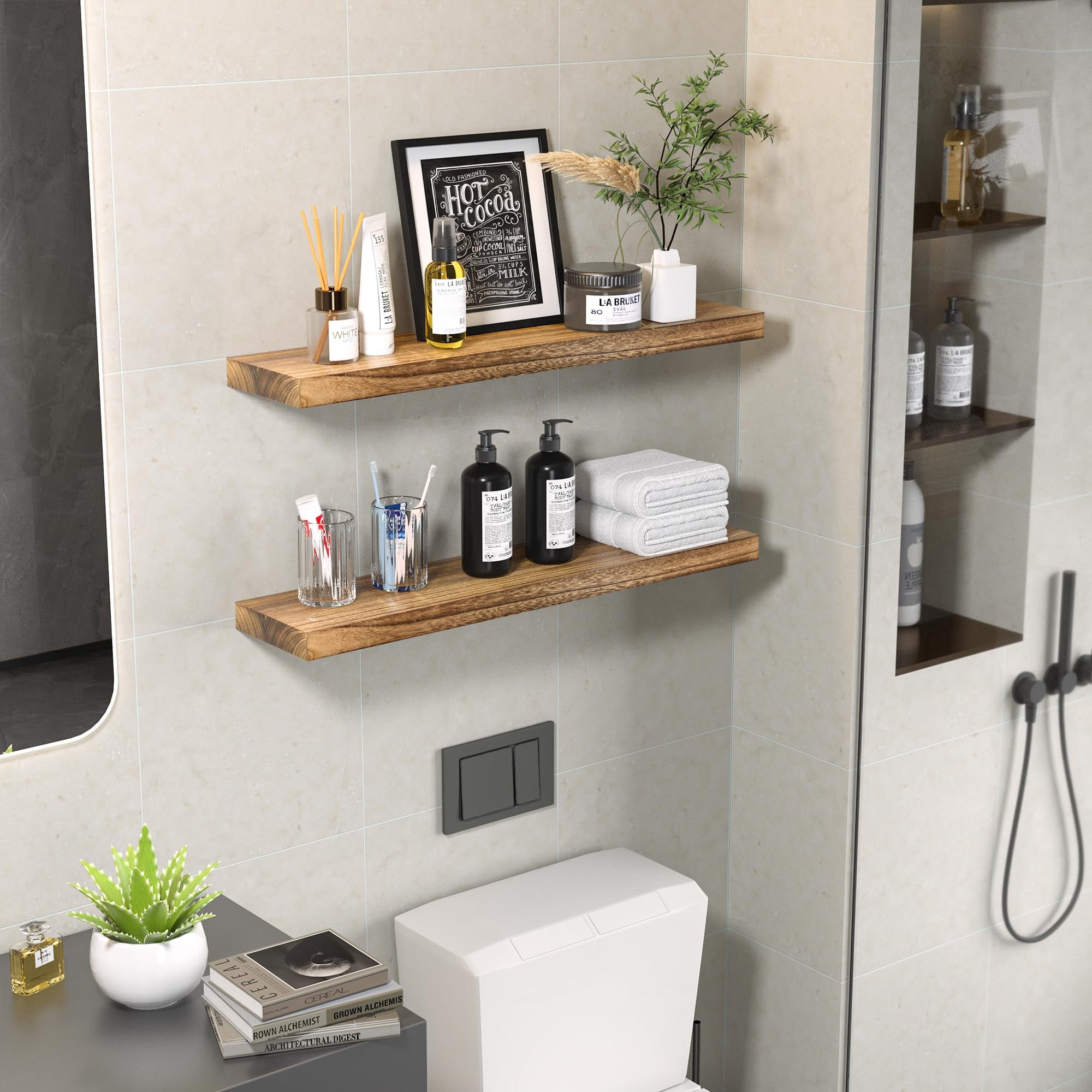Floating Shelves for Wall Set of 2-Rustic Brown Solid Wood Wall Mounted Shelves,36" Long x 7" Deep x 1.6" Thick,Heavy Duty Shelving for Bedroom, Living Room, Kitchen, Bathroom (16inch)