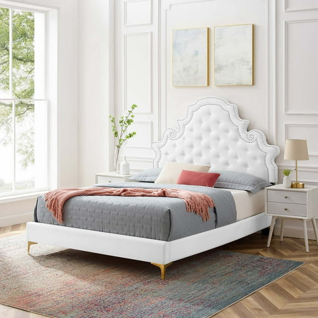 Modway Lit Plateforme Grand en Velours de Performance Capitonné Gwyneth - Blanc
