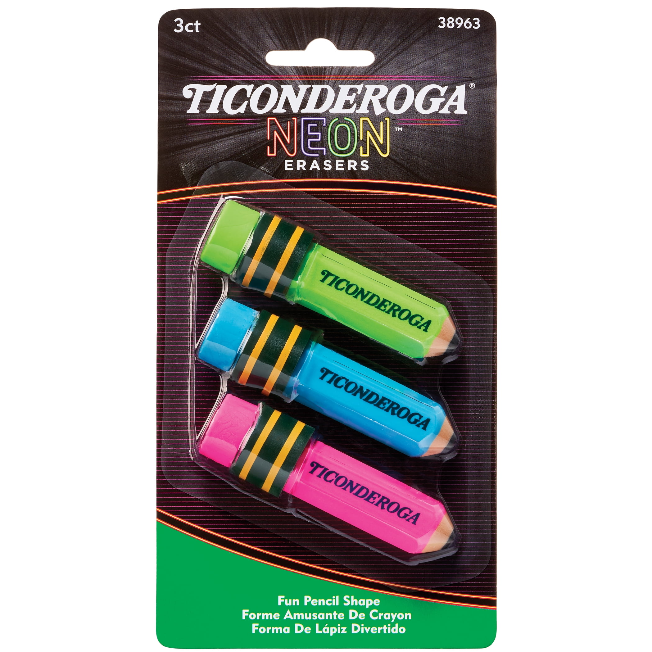 Ticonderoga Pencil Shaped Neon Erasers, 3 Per Pack, 6 Packs
