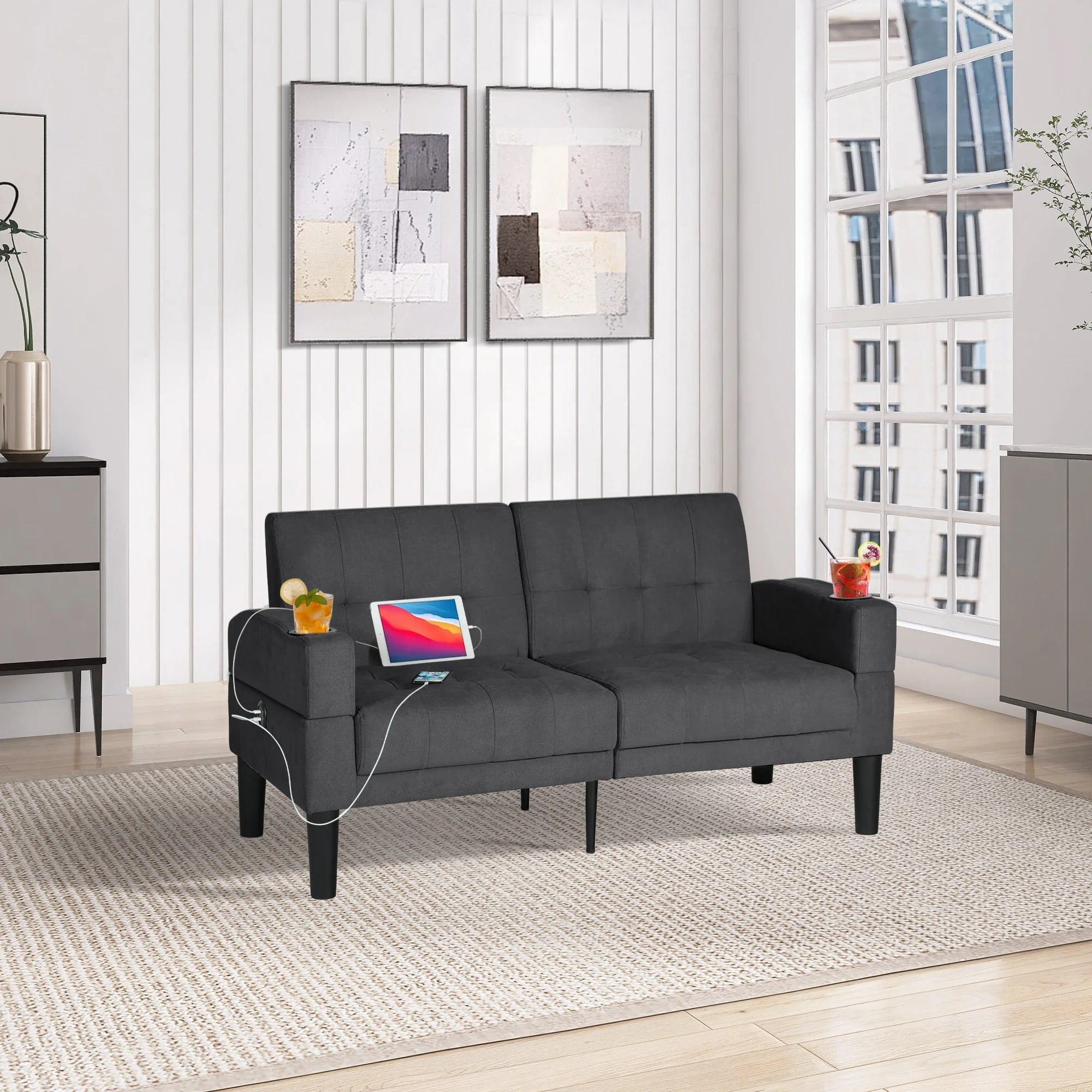 Coewske 62''W Fabric Tufted Sofa Couch Tufted Loveseat w/ 2 USB Charger Ports & Cup Holders, Dark Gray