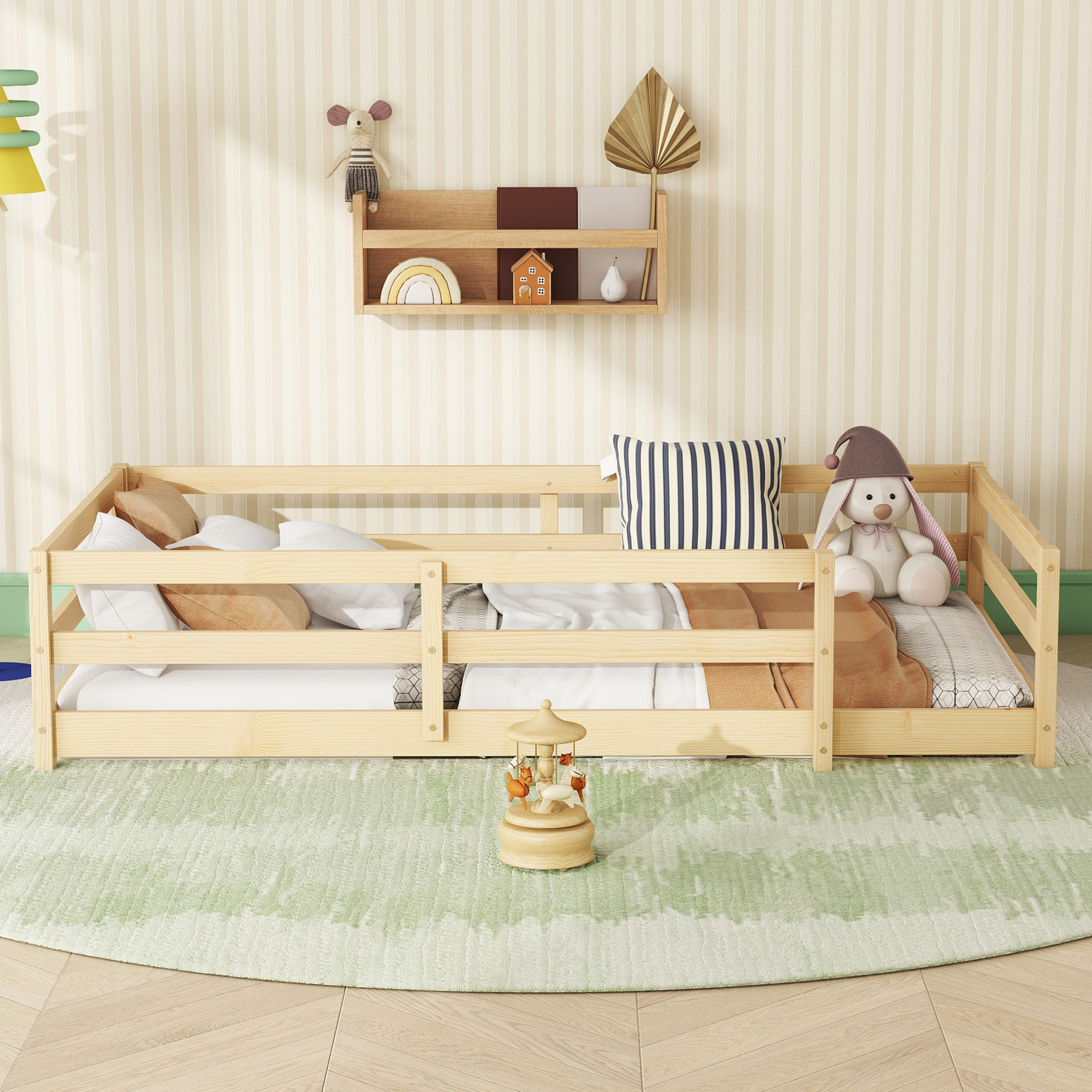 Noble House Twin Size Montessori Floor Bed with Fence, Wooden Bed Frame for Kids, Oak