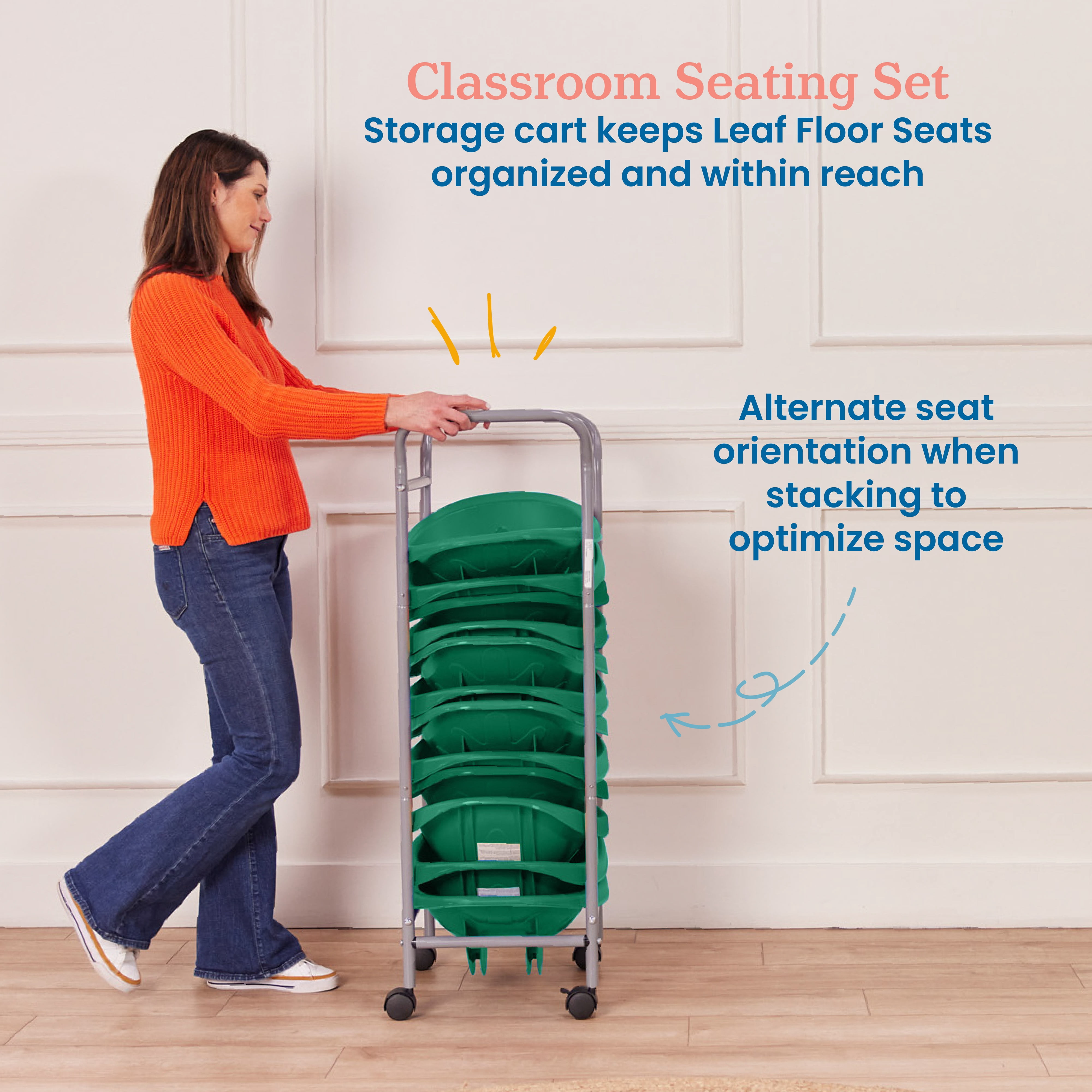 ECR4Kids Leaf Floor Seats with Mobile Leaf Seat Cart, Flexible Seating, Green, 12-Piece