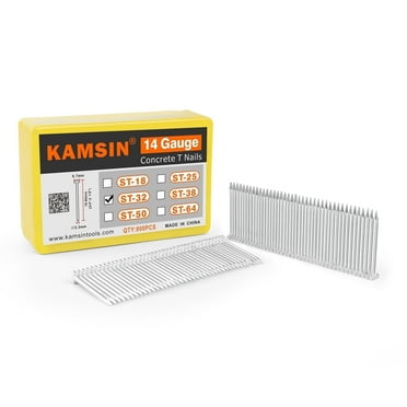 KAMSIN 14 Gauge 18-64mm Concrete T Nails  for Concrete Nailer 800 Pcs/Box, carbon steel, Works great to concrete nailing, furring strips, truss building, construction framing, decking, and more