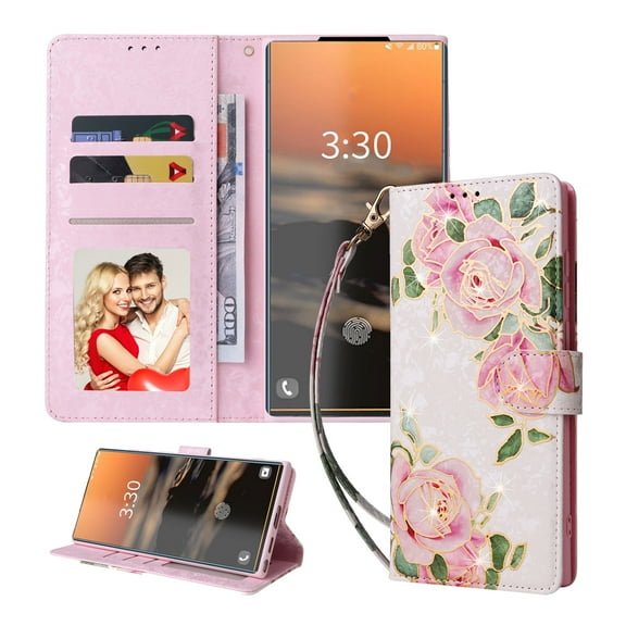 For Samsung Galaxy S25 Ultra Wallet Case, Stylish Flowers Pattern PU Leather Cover with Wrist Strap & Card Slots, Kickstand Magnetic Closure Shockproof Slim Case for Women Girls, Rose Flower
