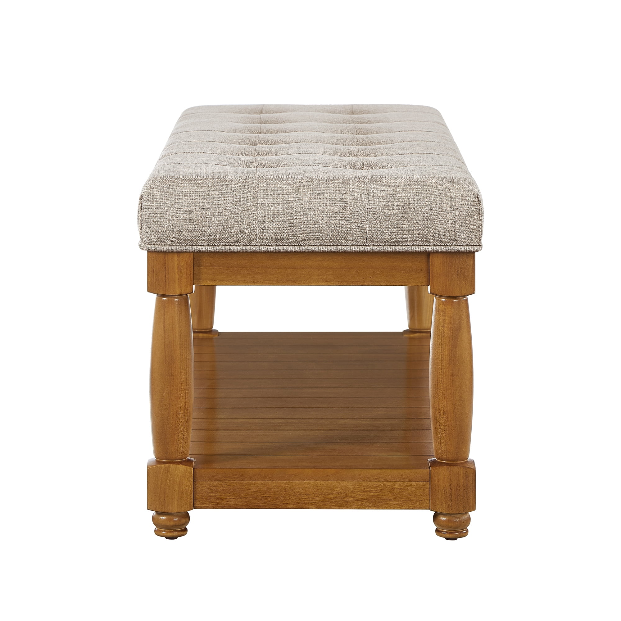 Leumius Upholstered Linen Bench with Storage Shelf, Solid Wood Spindle Legs Accent Furniture Tufted Ottoman Bench for Bedroom Entryway Living Room Beige