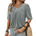 thumbnail image 3 of Stylish Olyvenn Workout Dressy T Shirt for Women Puff Half Sleeve Loose Tunic Tops Pleated Front Trendy Solid Color Blouses Top Gray XL, 3 of 8