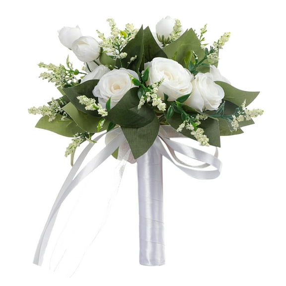 Artificial Rose Bridal Bouquet – Ivory Wedding & Bridesmaid Bouquet with Ribbon Bow, Reusable Floral Arrangement for Church, Anniversaries