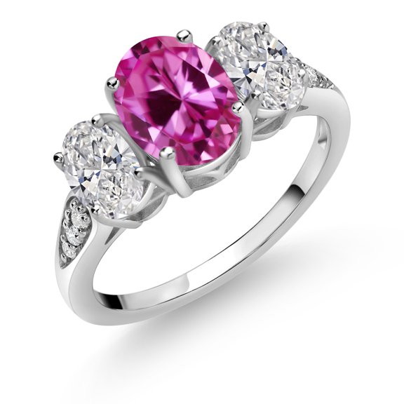 Gem Stone King 10K White Gold Pink Created Sapphire, White Lab Grown Diamond Engagement Ring for Women | 2.49 Cttw | Oval 8X6MM | Gemstone September Birthstone | Size 5