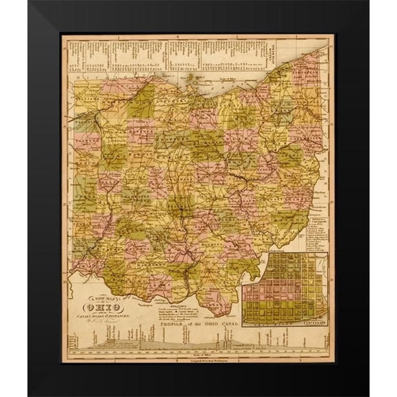Vintage Maps 12x14 Black Modern Framed Museum Art Print Titled - Ohio 1844