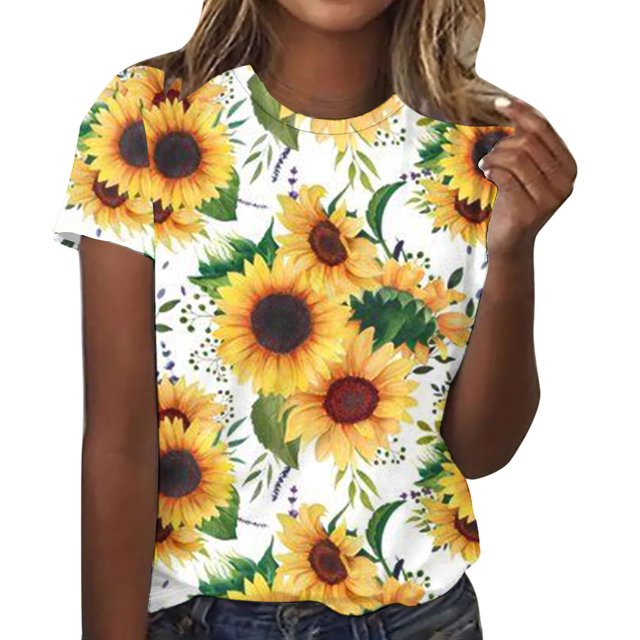 Mujeres Pantalones Cortos de Verano Flor Impresión Cuello Redondo Manga Corta Superior, Casual