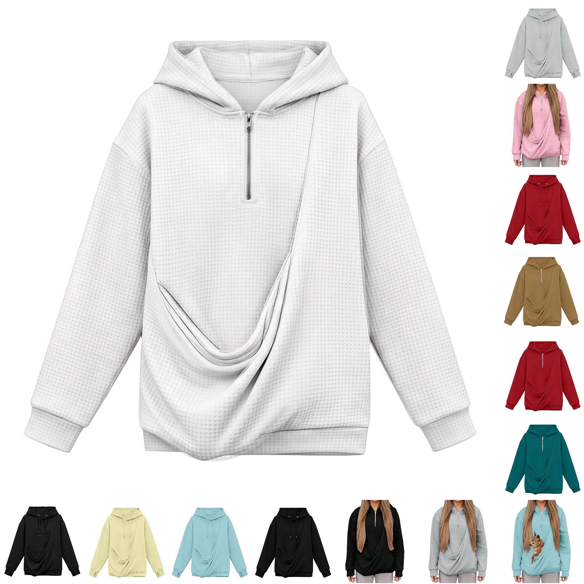 LUOGENLI Women s Plus Fall Sweatshirt Pet Carrier Hoodie for Women Front Zipper Pouch Holds Small Dog Cat Long Sleeve Hooded Sweatshirt White-C XXXL