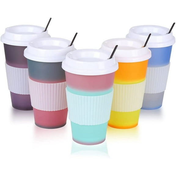 Trianu 5 Packs Color Changing Tumbler Cups for Hot Drink, 16oz Plastic Tumblers Coffee Cups with Lids, Reusable Travel Cup to Go Coffee Cup