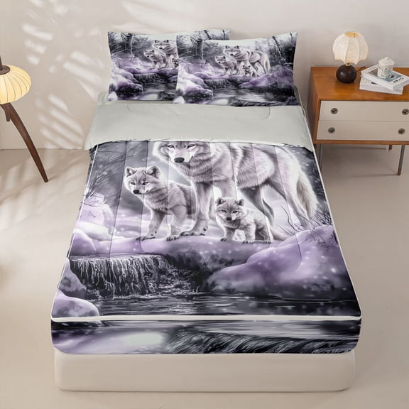Manfei Vintage Wildlife Zipper Twin Comforter Sets with Fitted Sheet and 2 Pillowcases,Rustic Wolves Zipper Bedding Set,Gray,Light Gray Reversible,4pcs