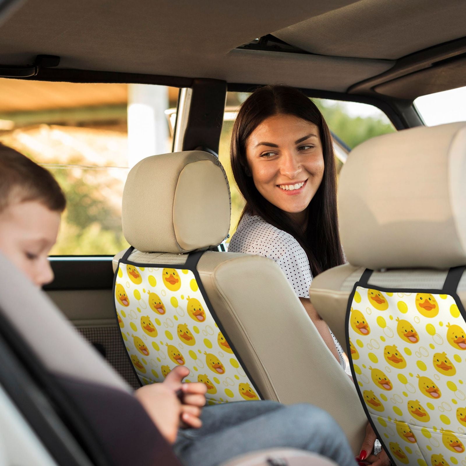 Xecao Ducky Cartoon Pattern Car Seat Back Protector 2 Pack Large Capacity Pocket, Kick Mats Back Seat Protector