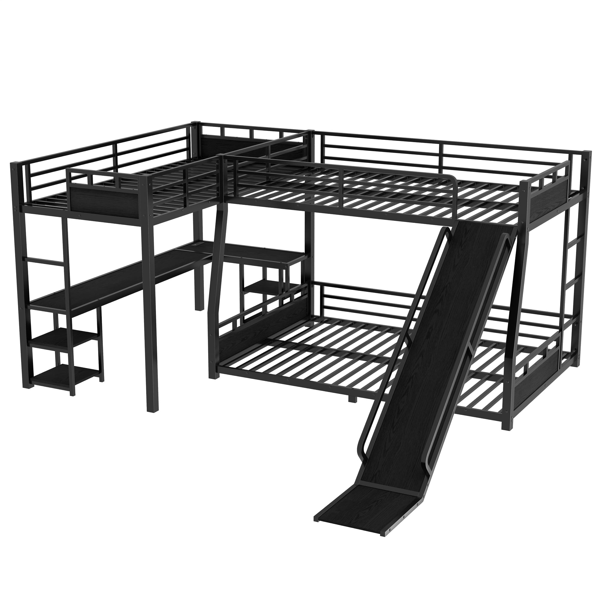 Leumius Full Over Queen Metal Triple Bunk Bed,L-Shaped Triple Bed Frame with Desk, Storage Shelves and USB Charging Port,Black