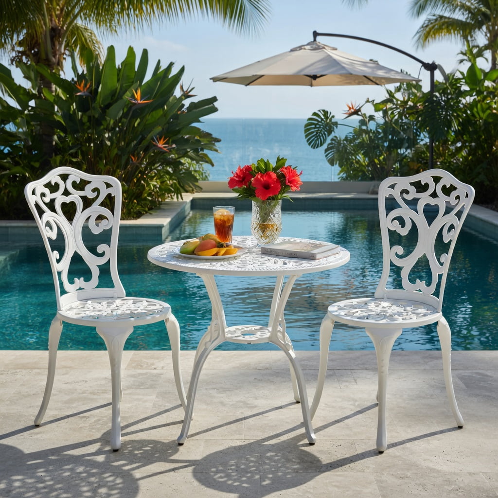 Hommoo 3-Piece Cast Aluminum All-Weather Bistro Set, Patio Table & 2 Chairs with 2-Inch Umbrella Hole, Rust-Resistant Outdoor Furniture for Garden, Poolside & Balcony, White