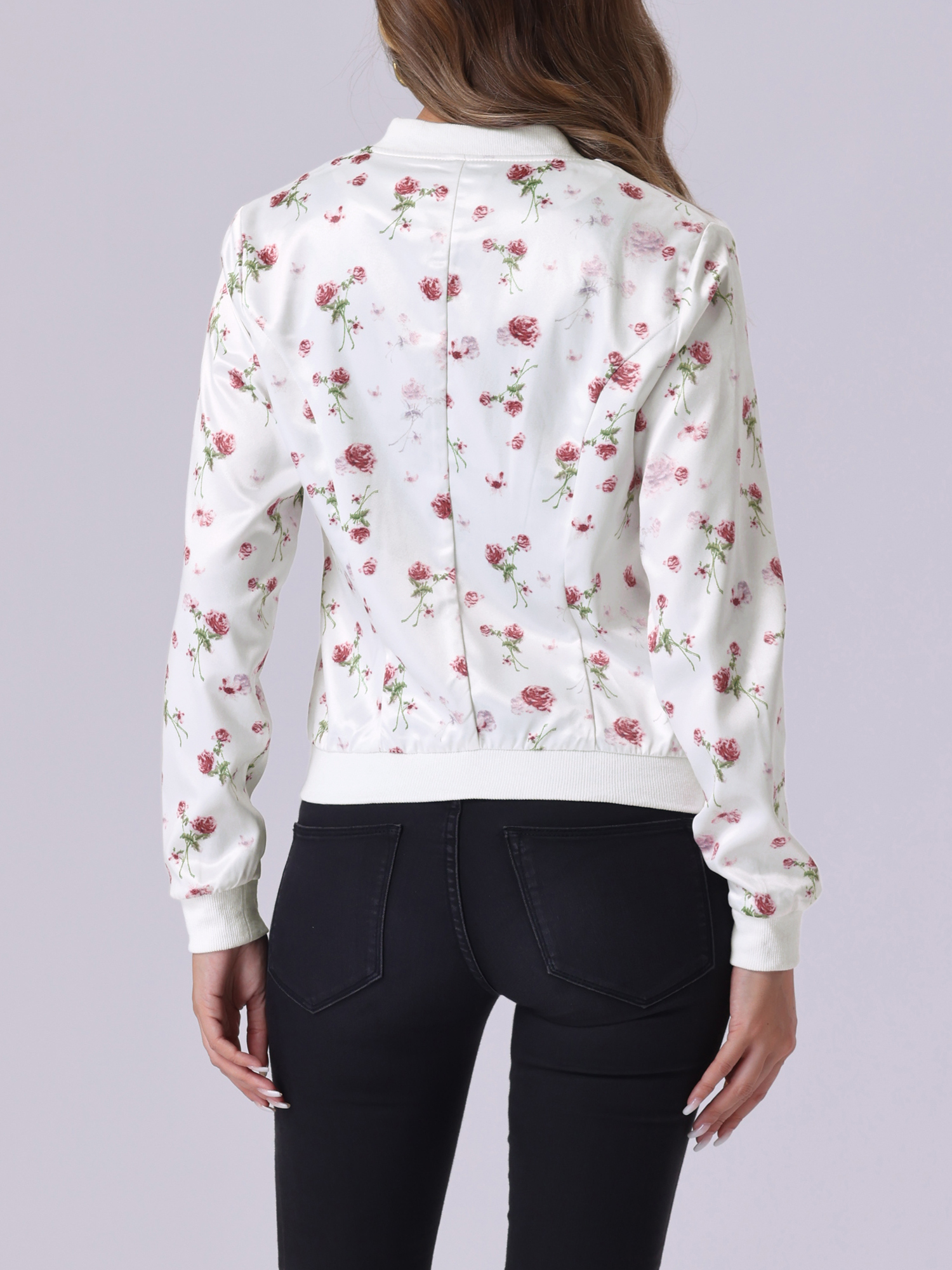 DARING DIVA Women's Stand Collar Front Zipper Satin Bomber Jacket M White Red