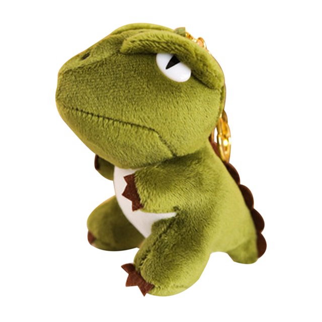 trkiyqc muñeco de peluche de dinosaurio lindo, mini forma de animal divertido relleno de juguete suave mochila colgante decoración. Peluche de 14 cm en vista 3/4, color verde oscuro con felpa corta y algodón PP, ojos blancos bordados, vientre blanco, púas marrón oscuro y cadena dorada para colgar; ideal como adorno de mochila, llavero o decoración de cama.