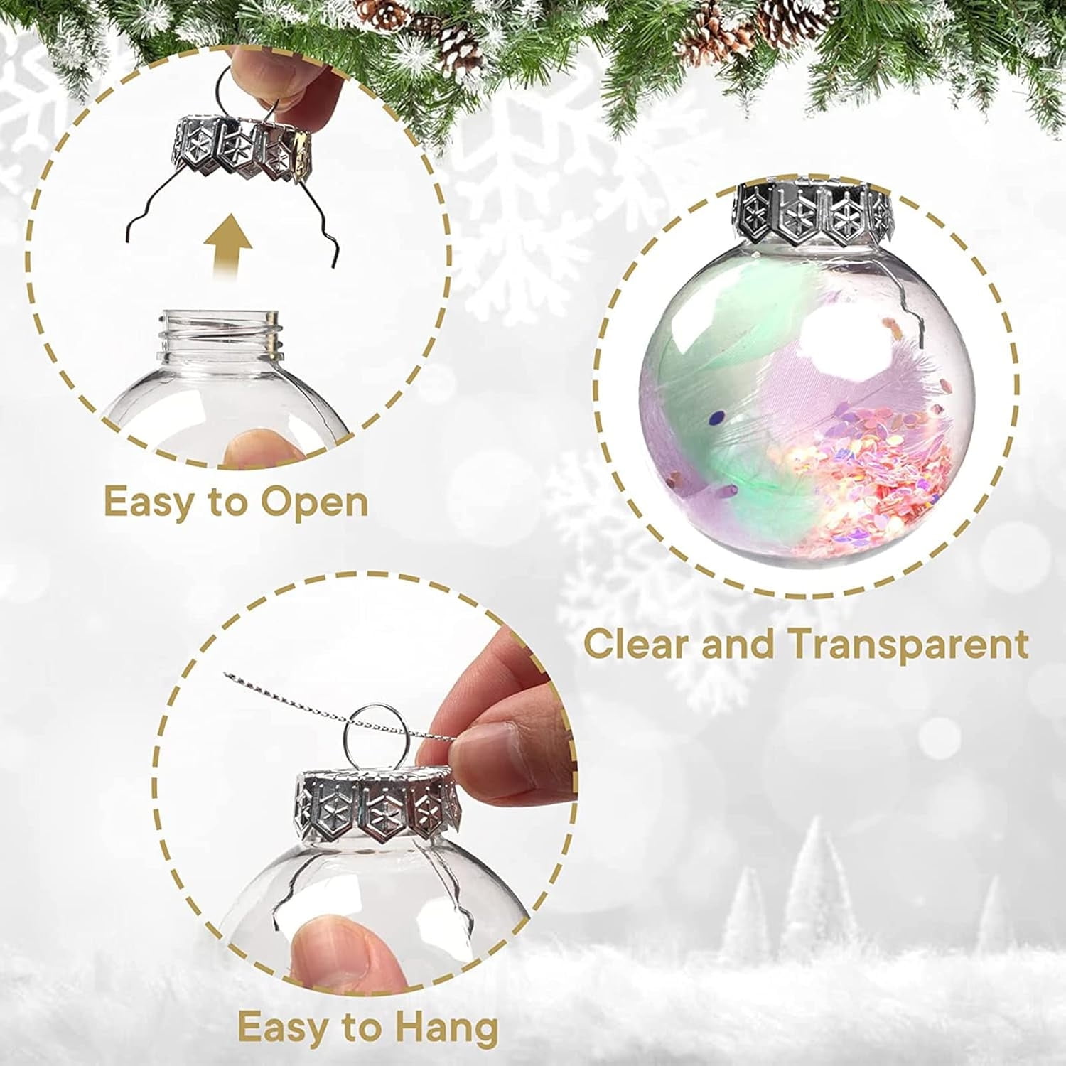 24 Pcs Fillable Christmas Tree Ornament Balls,Acrylic Decorations Balls for Hanging,2.36 in Plastic Transparent DIY Ornament Balls with Rope and Removable Metal Cap for New Years,Wedding Holiday