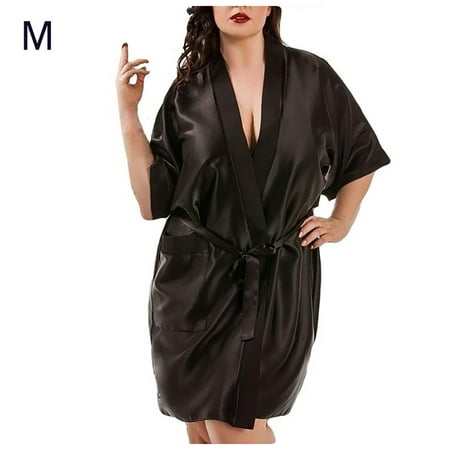 

Women Bathrobe Silky Robe Nightdress Nightgown Sleepwear Black M