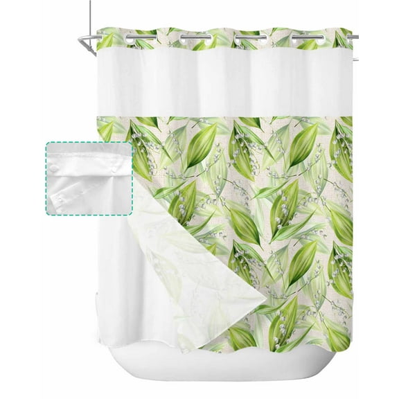 No Hook Shower Curtain with Snap in Liner, Green Bell Orchid Plant Pattern Hotel Shower Curtains for Bathroom, Washable Shower Curtain Liner Set with Mesh Top Window, 66"x72"
