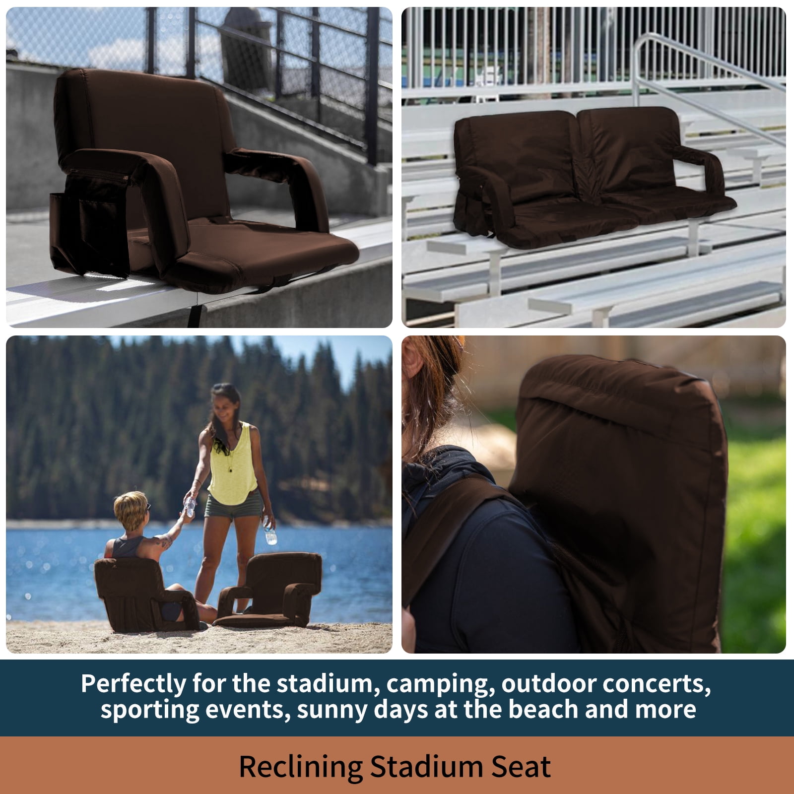 Seamander Large Size Foldable Stadium Seat Chair for Bleacher Padded Back Support with 6 Reclining Positions, Brown