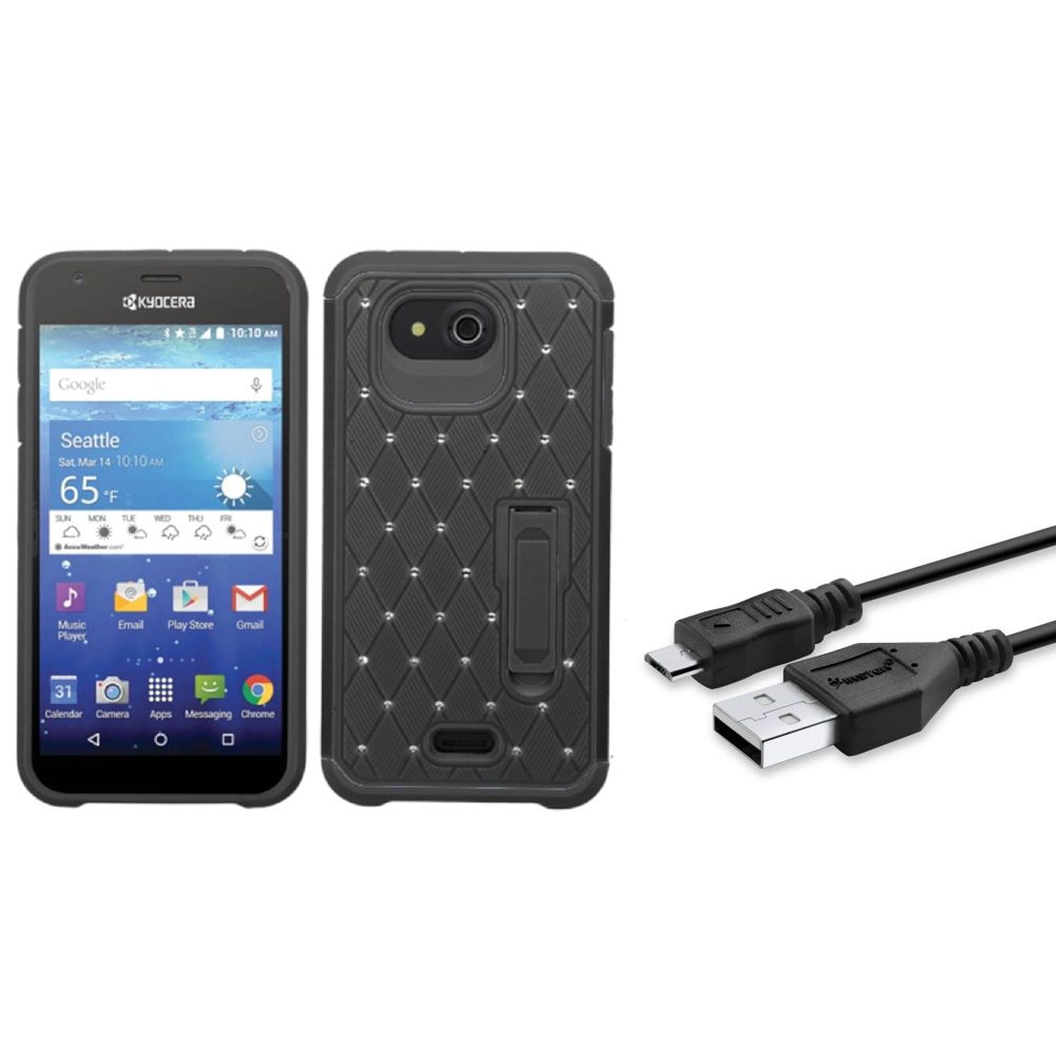 Insten Hard Hybrid Silicone Cover Case w/stand/Diamond For Kyocera Hydro  Wave - Black (+ USB Data Sync Charge Cable) - Walmart.com