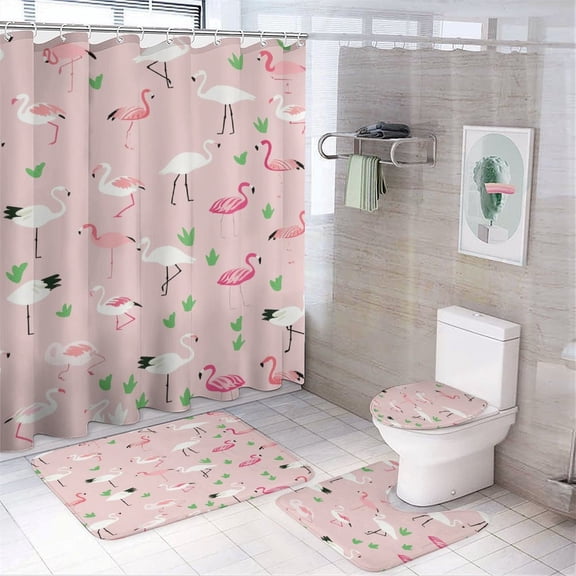 Flamingo Pattern 4Pcs Shower Curtain Set Shower Curtain Set with Carpet Bath Mat