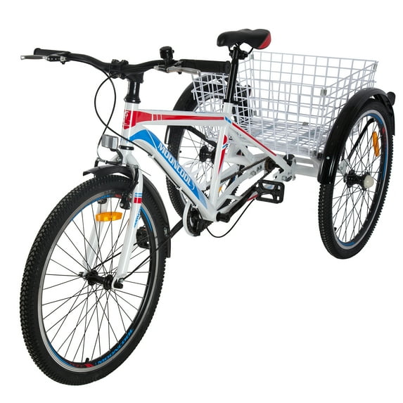 FICISOG Mountain Tricycle for Adults, 3 Wheeled 7-Speed Mountain Tricycle 24 inch 26 inch 27.5 inch Men's Women's Tricycles Cruiser Bike Featuring Disc Brakes, Cargo Basket,White