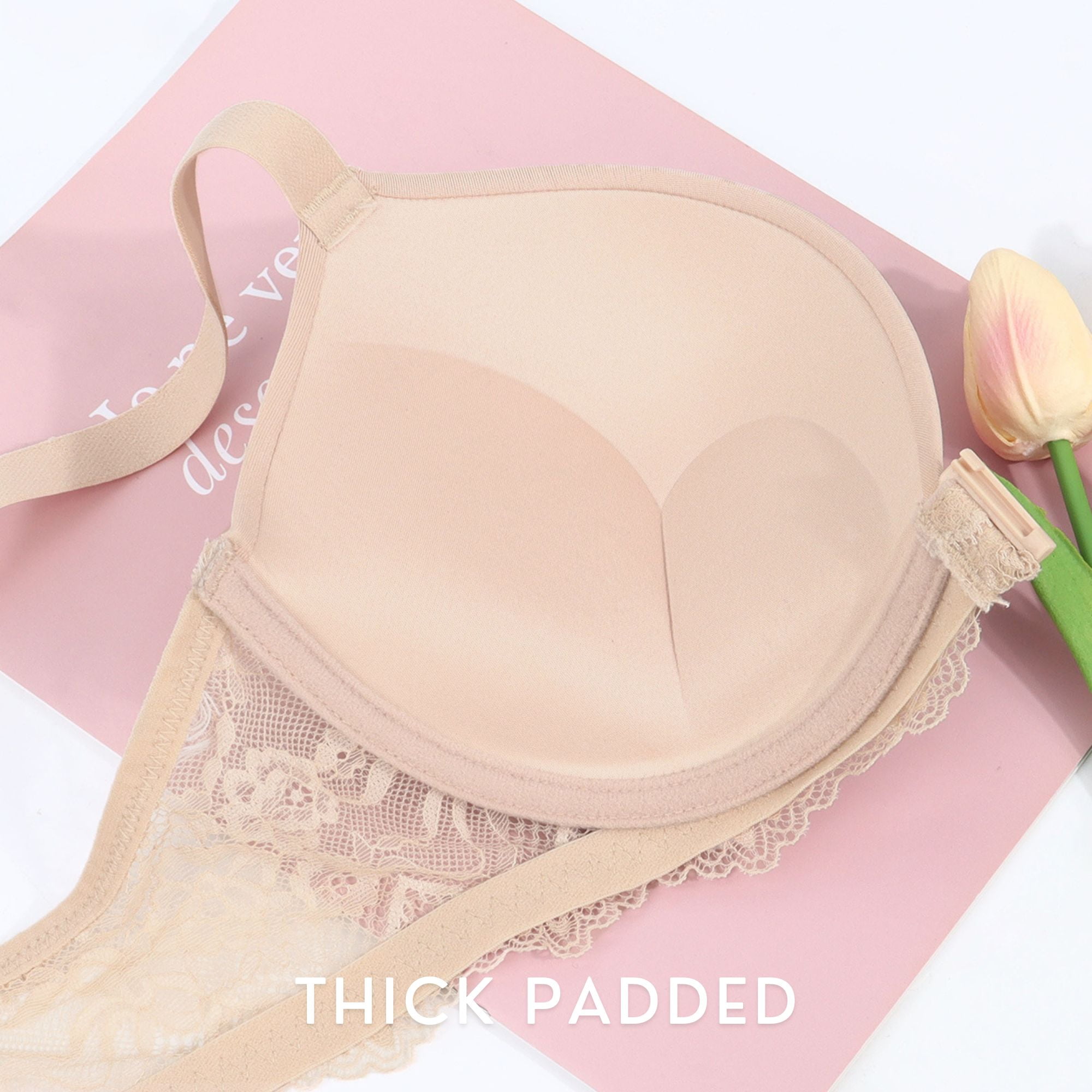 YANDW Push Up Front Closure Plunge Bras for Women Thick Padded Lace Racerback Underwire Bra, Beige 36B
