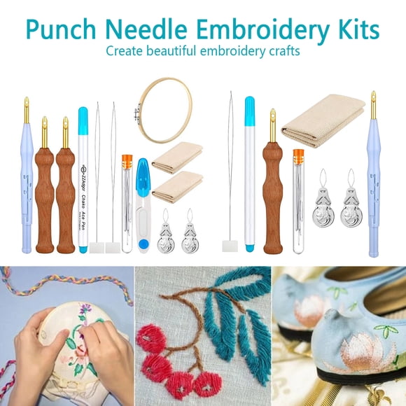 RELAX DREAM 16pcs Punch Needle Embroidery Kits Wooden Handle Embroidery Pens Sewing Yarn Punch Needle,Bamboo Hoops,Punch Needle Cloth, Big Eye Needles,Needle Threaders,for Punch Needle Kits Adults