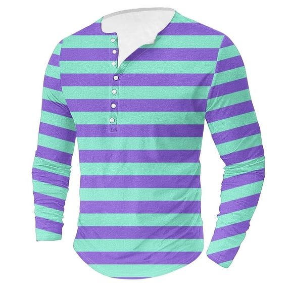 ZCFZJW Mens Polo Shirts Casual Striped Block Print Long Sleeve Button up Round Neck Henley Shirts Loose Lightweight Soft Cotton T-Shirts Blue L