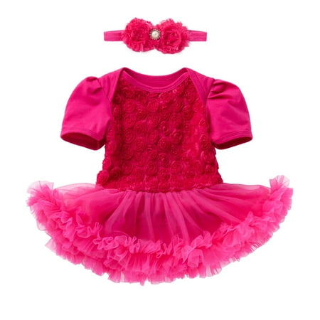 

Fesfesfes Toddler Baby Girls Dress Net Yarn Solid Color Rose Flower Romper Jumpsuit Short Skirt