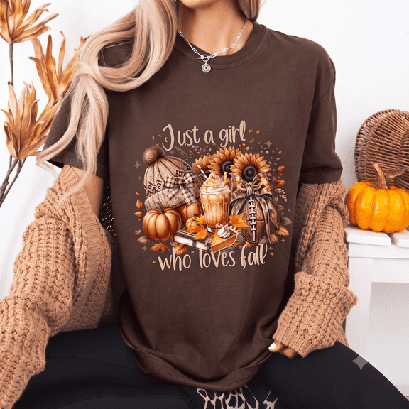 Just a Girl Who Loves Fall Shirt, Sunflower Pumpkin Coffee Football Graphic Tee, Comfort Colors Autumn Unisex T-Shirt - Espresso, M