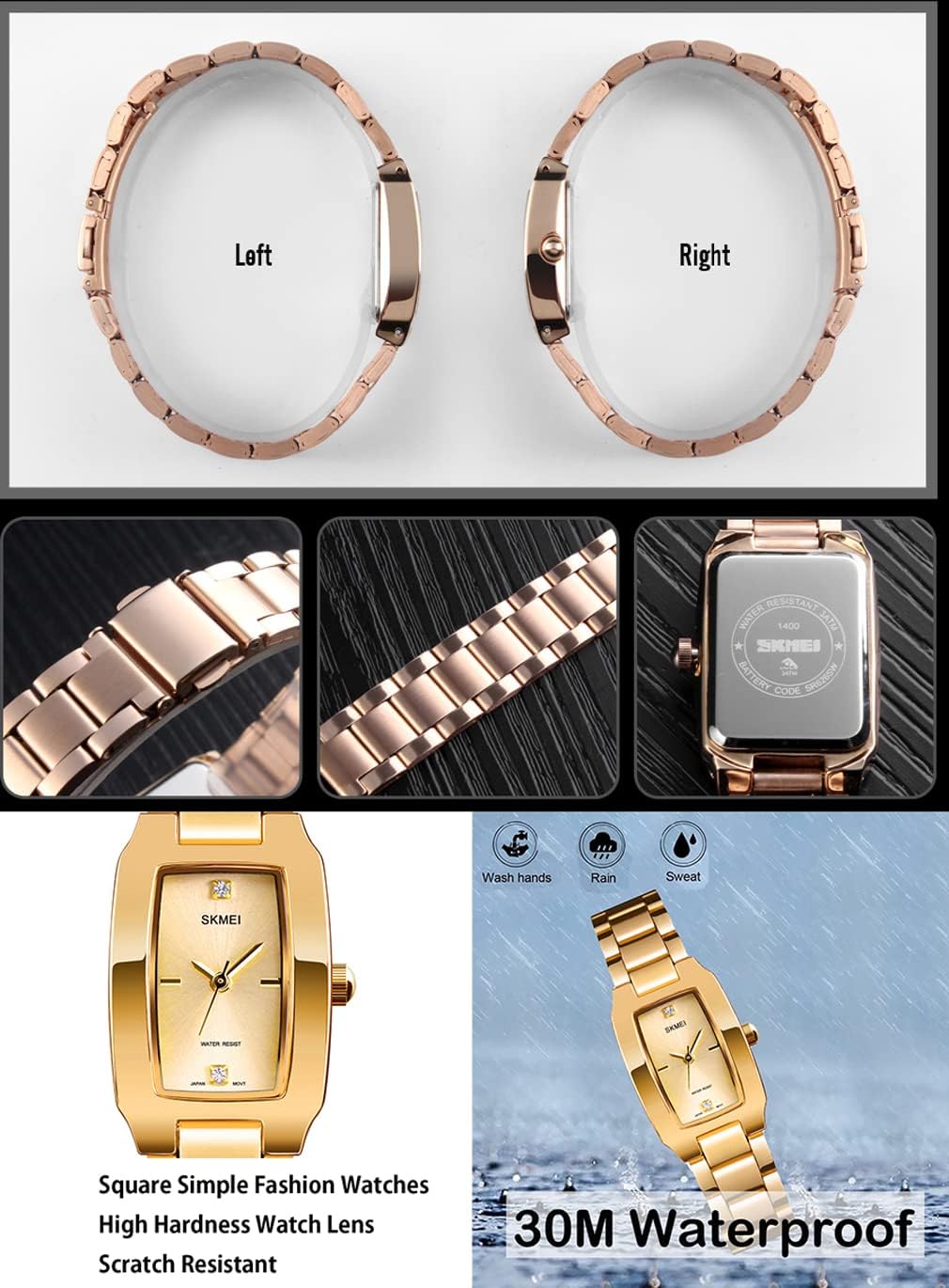 Watches for Women Ladies Female Diamond Square Stainless Luxury Fashion Small Slim Analog Quartz Waterproof Dress Casual Simple Wife Gifts Wrist Watch