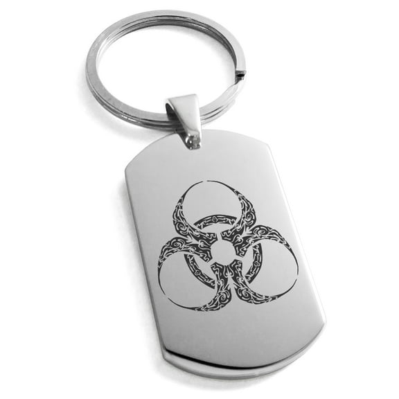 Stainless Steel Tribal Biohazard Engraved Dog Tag Keychain Keyring