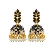 Crunchy Fashion Bollywood Jewellery Traditional Ethnic Bridal Bride Wedding Bridesmaid Gold-Plated Leaf Meenakari Jhumka Black Stone Earrings