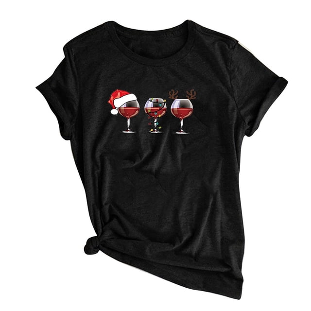 Qertyioot Femmes Noël Vin Verre Imprimé Manches Courtes T-shirt Décontracté Col Rond Pulls Hauts