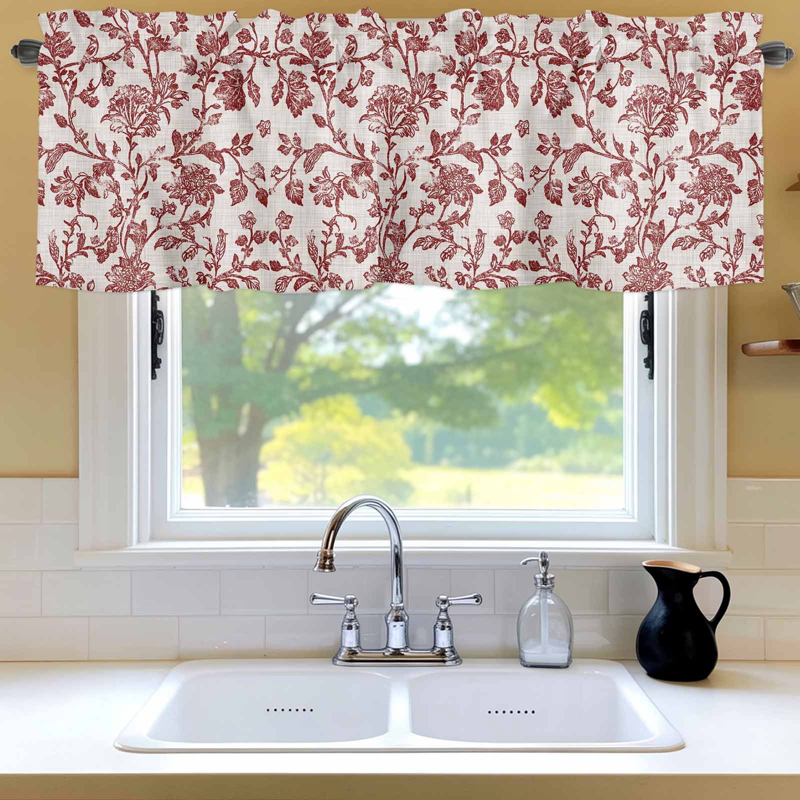 Curtain Valance for Windows, Vintage Rustic Red Flower on Linen Kitchen Valances Rod Pocket Short Curtains, Farm Floral Plant Pattern Window Valance for Bedroom Bathroom Living room 60x18in