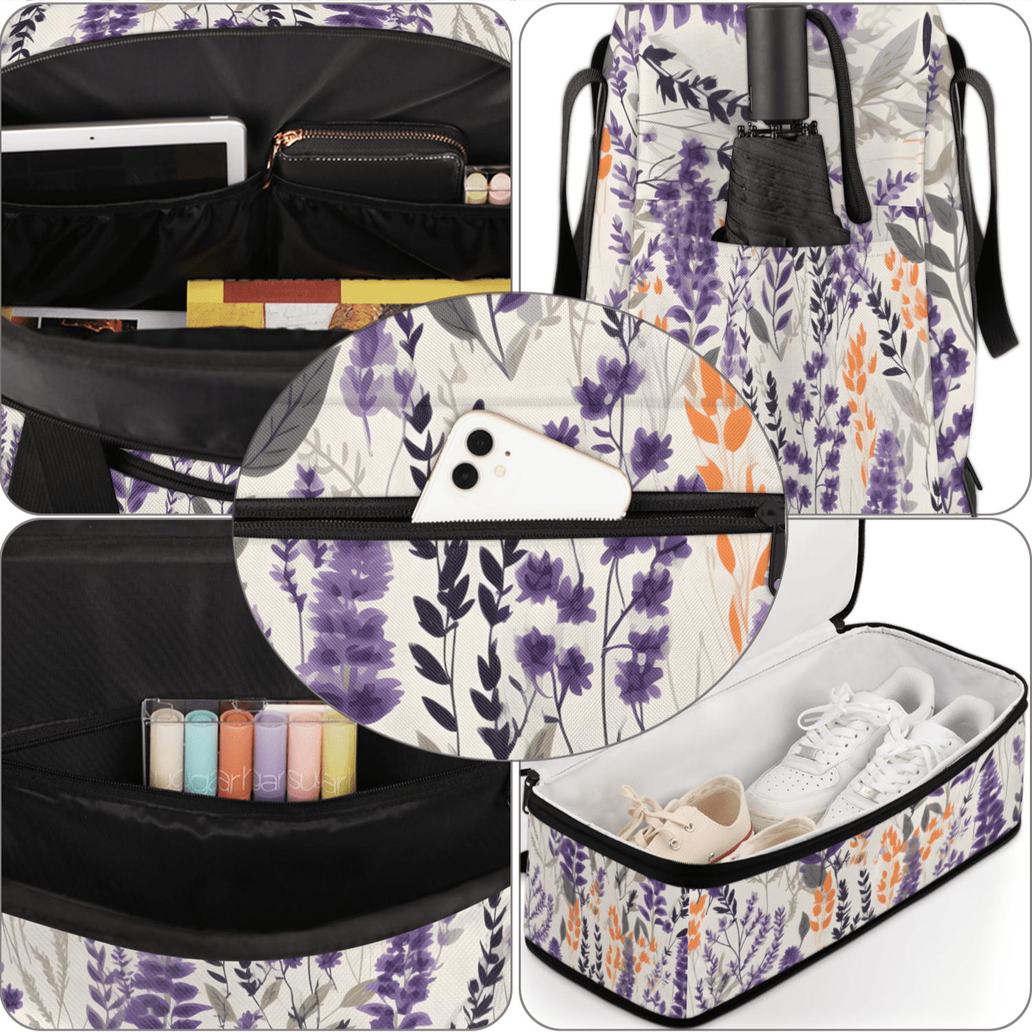 Herdesigns Floral Foldable Travel Duffle Bag for Women and Men Lightweight Carry On Overnight Bag Lavender Gym Luggage Weekender Bags with Shoe Compartment
