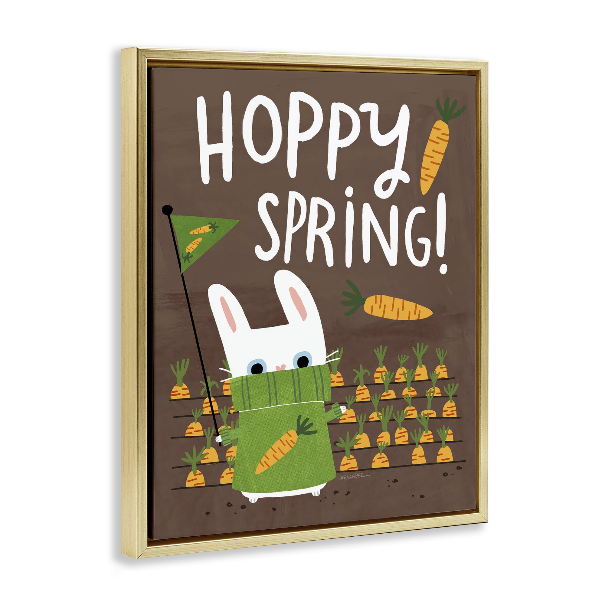 Stupell Industries Happy Spring Bunny & Carrots Animals Painting Gold Floater Framed Canvas Art Print Wall Art, 17 x 21