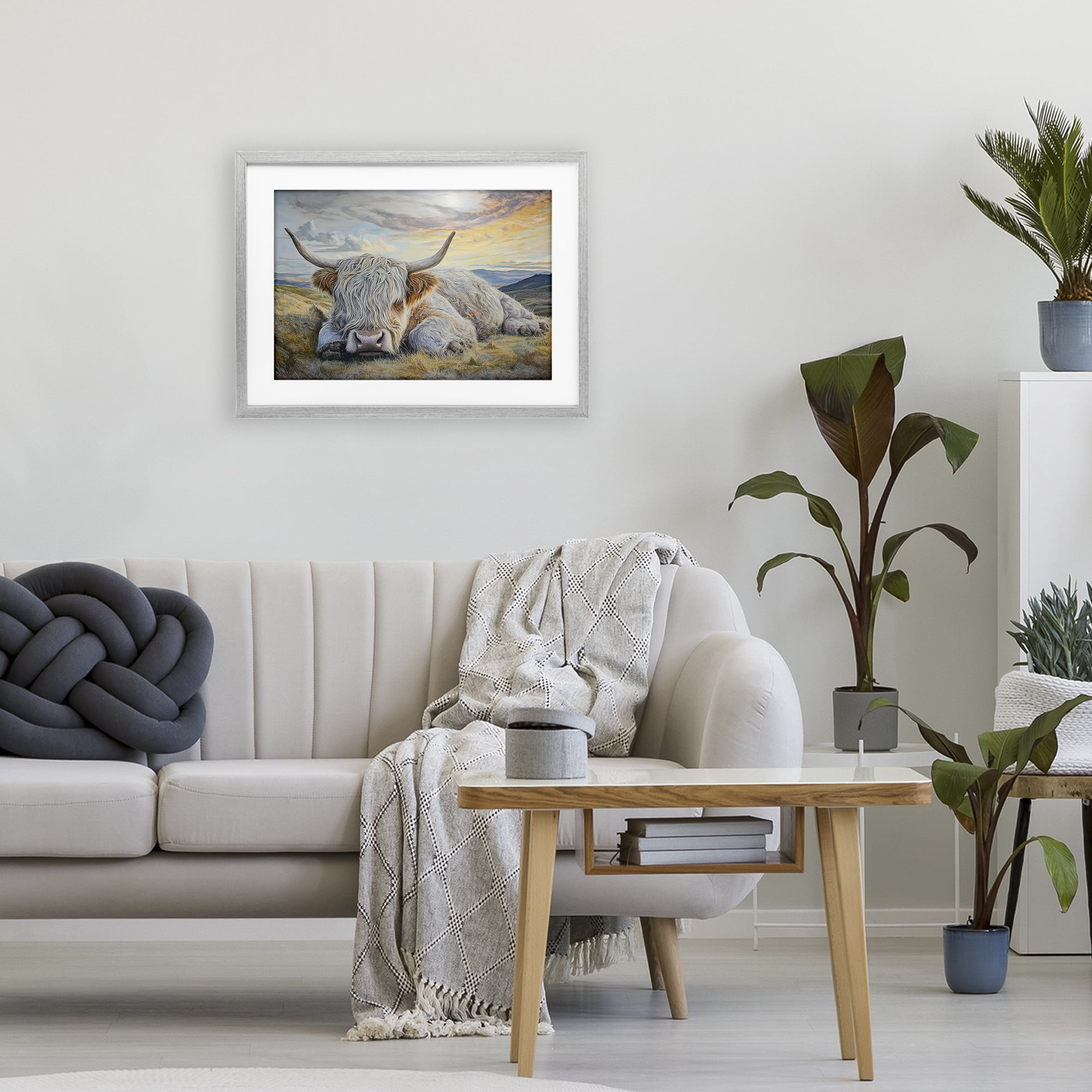 Stupell Industries Sleeping Highland Cow Pastoral Gray Framed Print Under Glass, design by The Wands Want