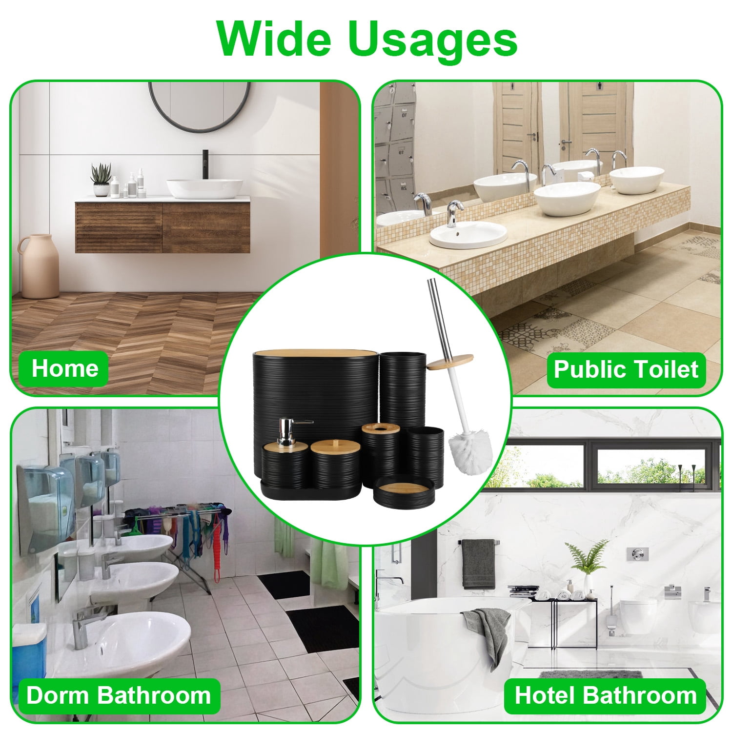 Imountek 8Pcs Bathroom Accessories Set, ABS & Bamboo Black Bathroom Decor Sets with Trash Can Toilet Brush for Home Hotel Office
